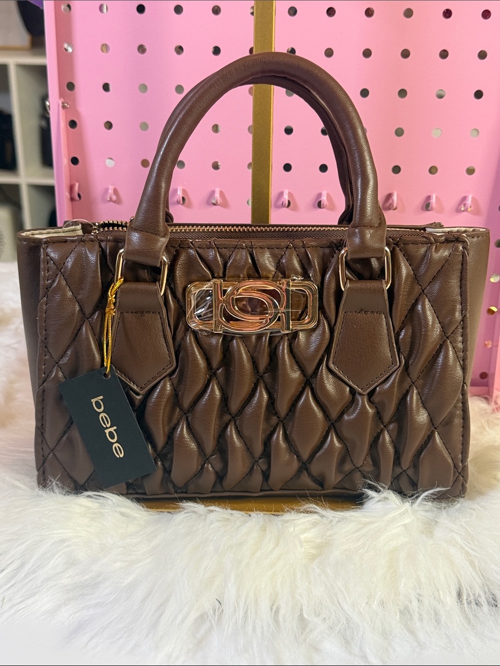 bebe Quilted Satchel in Brown with Gold Hardware